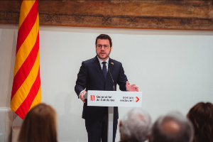 El president Aragonès, durant la seva intervenció (Arnau Carbonell)