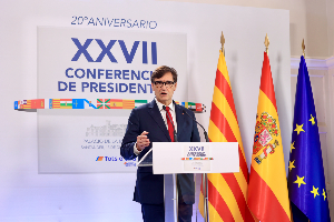 El president Illa durant la seva compareixença davant els mitjans de comunicació | Fotografia: Rubén Moreno 